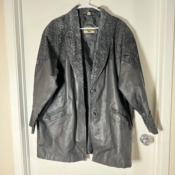 VTG Leather Trench Coat Womens XL Midi Length Outbrook Embossed Leather Jacket - Picture 1 of 11